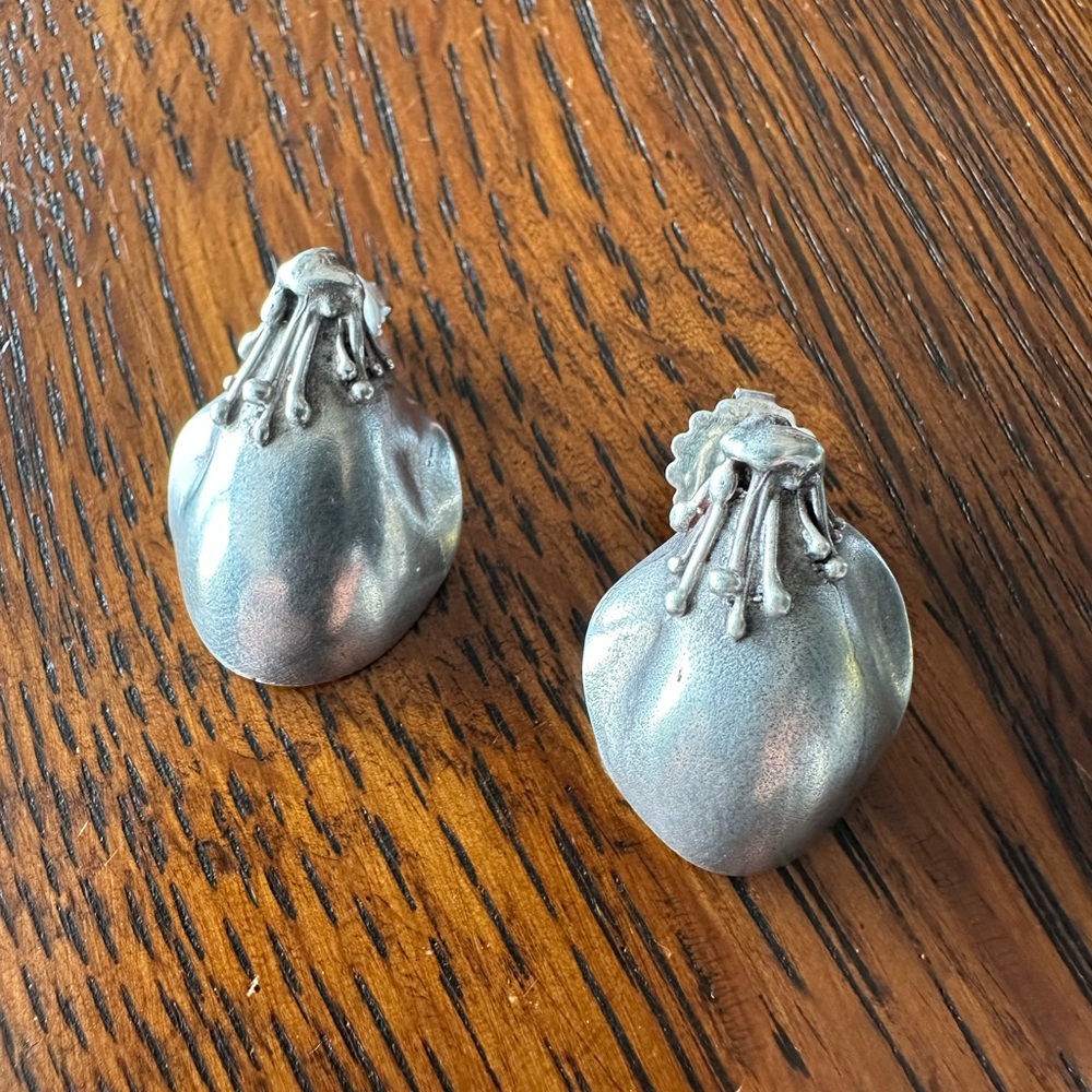 Handmade unique stamped sterling silver artisan post earrings. Vintage Brutalist